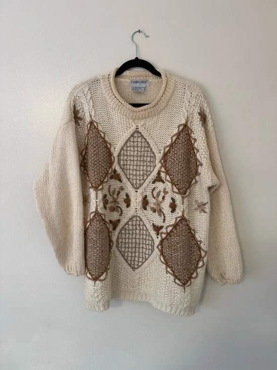 Vintage 90s Sz Lg Cottagecore Grandma Knit Chunky Neutral Sweater Patchwork Tan - Picture 1 of 16